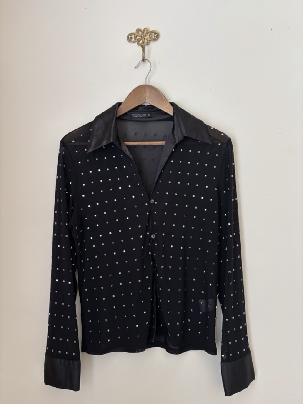 Emerson Lang Black Mesh Studded Button Up Shirt Medium